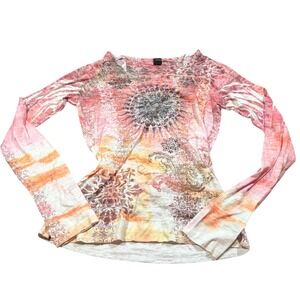 Y2K Small Long Sleeve Graphic Top Pink Orange Boho Sunburst Mandala USA
